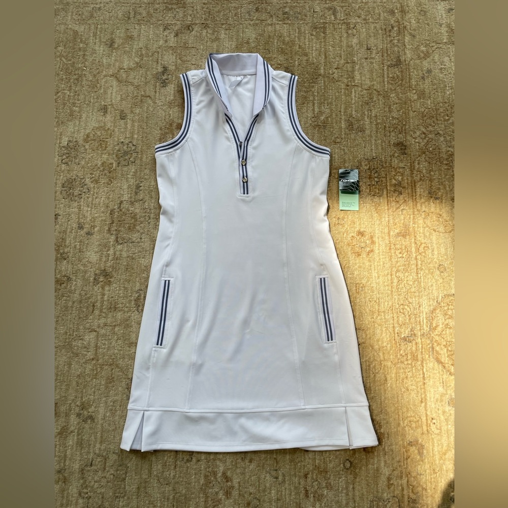 White Sleeveless Polo Mini Dress with Navy Trim